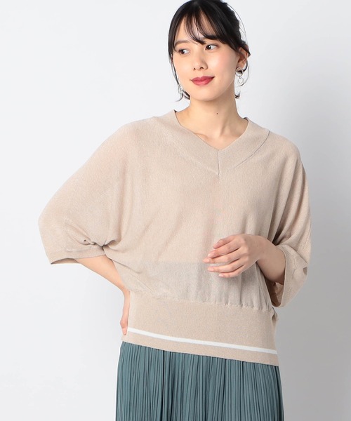 Grand PARK（グランドパーク）の「ライン入りVネックサマーニット（ニット/セーター・レディース・ブルー/グレー/レッド系/ライトベージュ・FREE）」の2枚目の写真