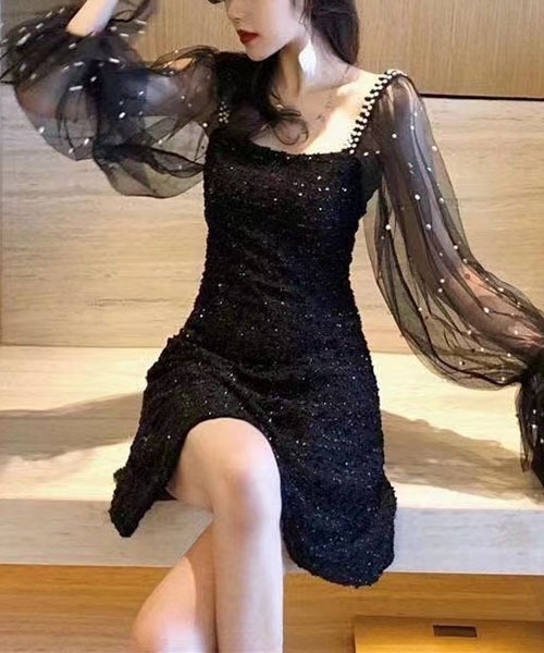 gossip！ロサンゼルス（ゴシップロサンゼルス）の「パール装飾チュールスリーブ ミニワンピース レディース スクエアネック 肩ビジュー フレアワンピ（ワンピース・レディース・ブラック/オフホワイト/ピンク・M/L）」の19枚目の写真