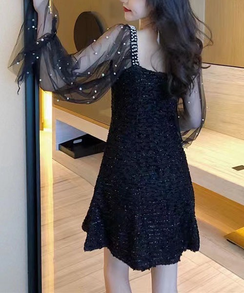 gossip！ロサンゼルス（ゴシップロサンゼルス）の「パール装飾チュールスリーブ ミニワンピース レディース スクエアネック 肩ビジュー フレアワンピ（ワンピース・レディース・ブラック/オフホワイト/ピンク・M/L）」の20枚目の写真