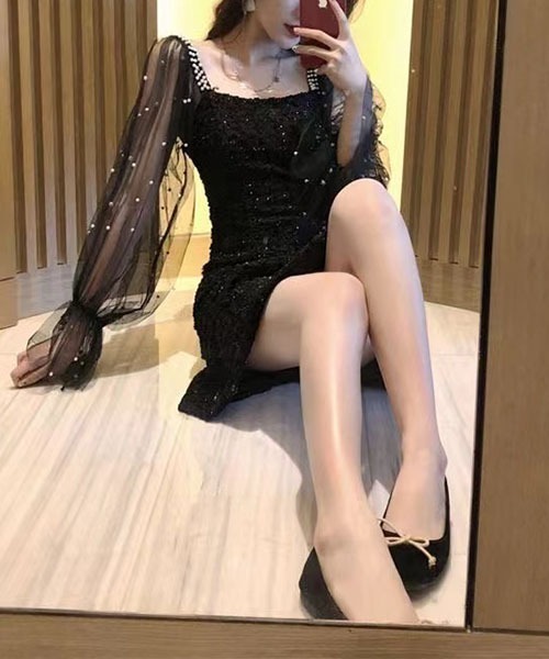 gossip！ロサンゼルス（ゴシップロサンゼルス）の「パール装飾チュールスリーブ ミニワンピース レディース スクエアネック 肩ビジュー フレアワンピ（ワンピース・レディース・ブラック/オフホワイト/ピンク・M/L）」の22枚目の写真