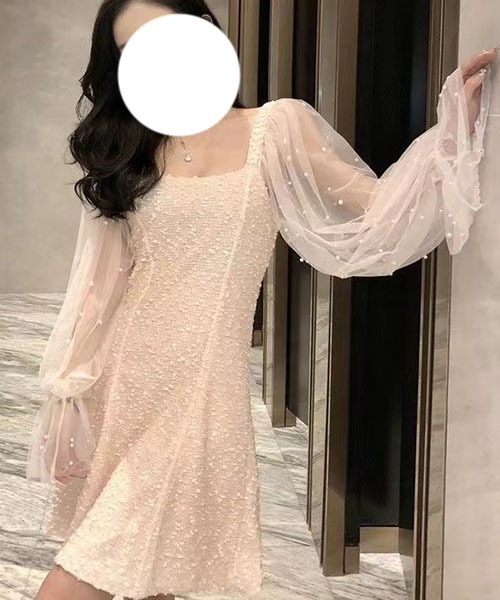 gossip！ロサンゼルス（ゴシップロサンゼルス）の「パール装飾チュールスリーブ ミニワンピース レディース スクエアネック 肩ビジュー フレアワンピ（ワンピース・レディース・ブラック/オフホワイト/ピンク・M/L）」の17枚目の写真