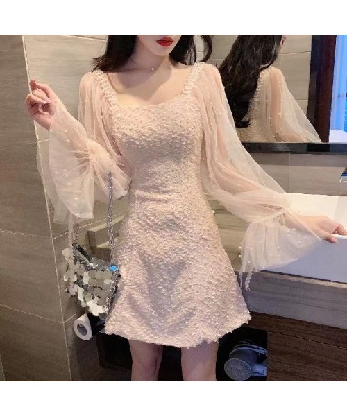 gossip！ロサンゼルス（ゴシップロサンゼルス）の「パール装飾チュールスリーブ ミニワンピース レディース スクエアネック 肩ビジュー フレアワンピ（ワンピース・レディース・ブラック/オフホワイト/ピンク・M/L）」の5枚目の写真