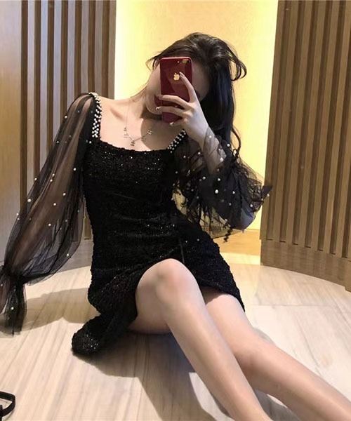 gossip！ロサンゼルス（ゴシップロサンゼルス）の「パール装飾チュールスリーブ ミニワンピース レディース スクエアネック 肩ビジュー フレアワンピ（ワンピース・レディース・ブラック/オフホワイト/ピンク・M/L）」の18枚目の写真
