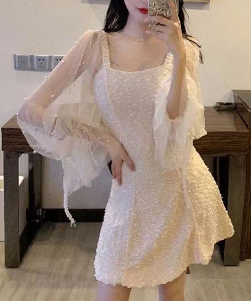 gossip！ロサンゼルス（ゴシップロサンゼルス）の「パール装飾チュールスリーブ ミニワンピース レディース スクエアネック 肩ビジュー フレアワンピ（ワンピース・レディース・ブラック/オフホワイト/ピンク・M/L）」の6枚目の写真