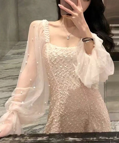 gossip！ロサンゼルス（ゴシップロサンゼルス）の「パール装飾チュールスリーブ ミニワンピース レディース スクエアネック 肩ビジュー フレアワンピ（ワンピース・レディース・ブラック/オフホワイト/ピンク・M/L）」の12枚目の写真