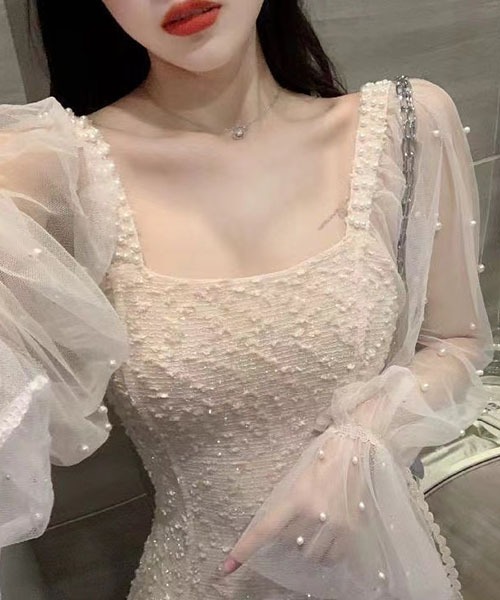 gossip！ロサンゼルス（ゴシップロサンゼルス）の「パール装飾チュールスリーブ ミニワンピース レディース スクエアネック 肩ビジュー フレアワンピ（ワンピース・レディース・ブラック/オフホワイト/ピンク・M/L）」の13枚目の写真