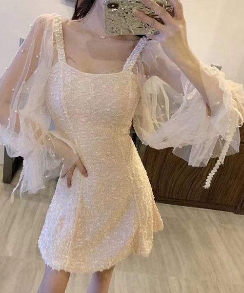 gossip！ロサンゼルス（ゴシップロサンゼルス）の「パール装飾チュールスリーブ ミニワンピース レディース スクエアネック 肩ビジュー フレアワンピ（ワンピース・レディース・ブラック/オフホワイト/ピンク・M/L）」の15枚目の写真