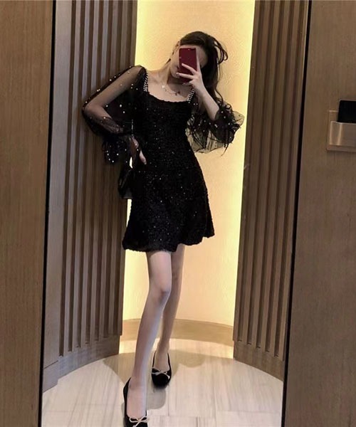 gossip！ロサンゼルス（ゴシップロサンゼルス）の「パール装飾チュールスリーブ ミニワンピース レディース スクエアネック 肩ビジュー フレアワンピ（ワンピース・レディース・ブラック/オフホワイト/ピンク・M/L）」の21枚目の写真
