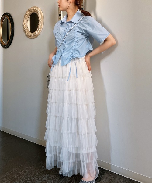 AS KNOW AS plus（アズノゥアズプラス）の「◎ダブル シャーリングリボン半袖シャツ（シャツ/ブラウス・レディース・ブラック/オフホワイト/ブルー/ブルー系その他・FREE）」の10枚目の写真