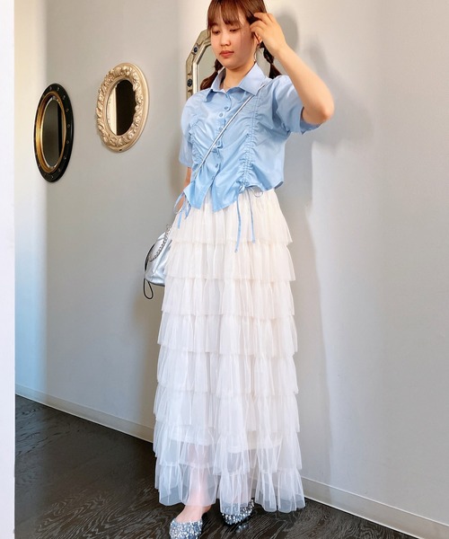 AS KNOW AS plus（アズノゥアズプラス）の「◎ダブル シャーリングリボン半袖シャツ（シャツ/ブラウス・レディース・ブラック/オフホワイト/ブルー/ブルー系その他・FREE）」の11枚目の写真