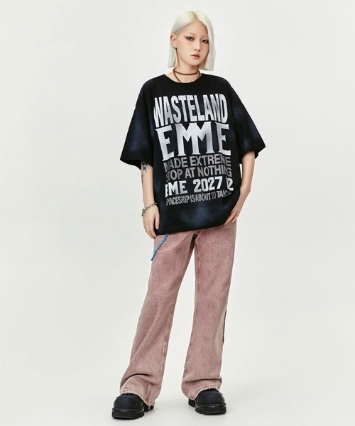 オーバーサイズ ラインストーンレターロゴプリントTシャツ（T