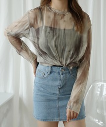 【HOOK】for girls　抽象総柄プリントメッシュモックネック長袖トップス (SS)