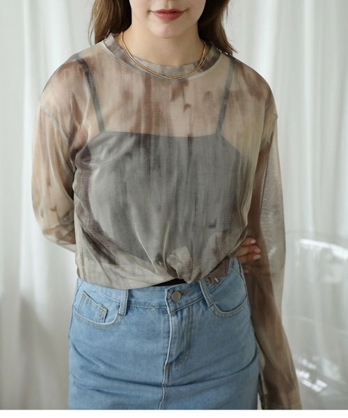 HOOK(フック)の「【HOOK】for girls 抽象総柄プリントメッシュモックネック長袖トップス (SS)(Tシャツ/カットソー・レディース・ベージュ/ネイビー・FREE)」の5枚目の写真