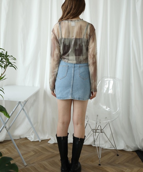 HOOK(フック)の「【HOOK】for girls 抽象総柄プリントメッシュモックネック長袖トップス (SS)(Tシャツ/カットソー・レディース・ベージュ/ネイビー・FREE)」の8枚目の写真