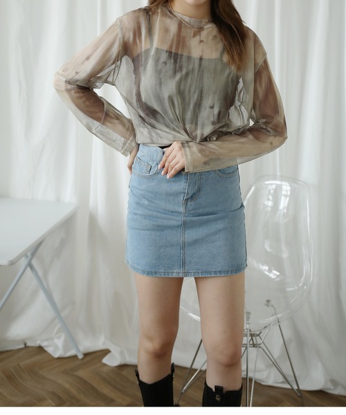 HOOK(フック)の「【HOOK】for girls 抽象総柄プリントメッシュモックネック長袖トップス (SS)(Tシャツ/カットソー・レディース・ベージュ/ネイビー・FREE)」の12枚目の写真