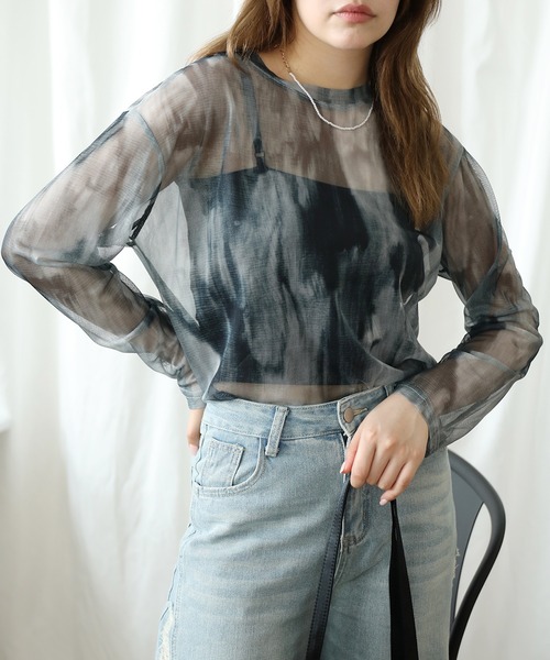 HOOK(フック)の「【HOOK】for girls 抽象総柄プリントメッシュモックネック長袖トップス (SS)(Tシャツ/カットソー・レディース・ベージュ/ネイビー・FREE)」の21枚目の写真