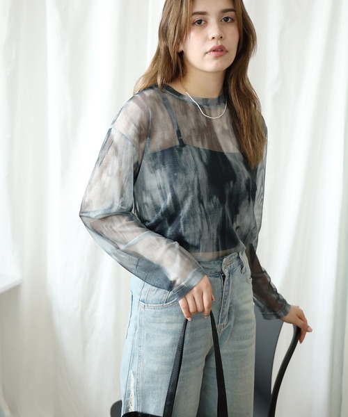 HOOK(フック)の「【HOOK】for girls 抽象総柄プリントメッシュモックネック長袖トップス (SS)(Tシャツ/カットソー・レディース・ベージュ/ネイビー・FREE)」の22枚目の写真