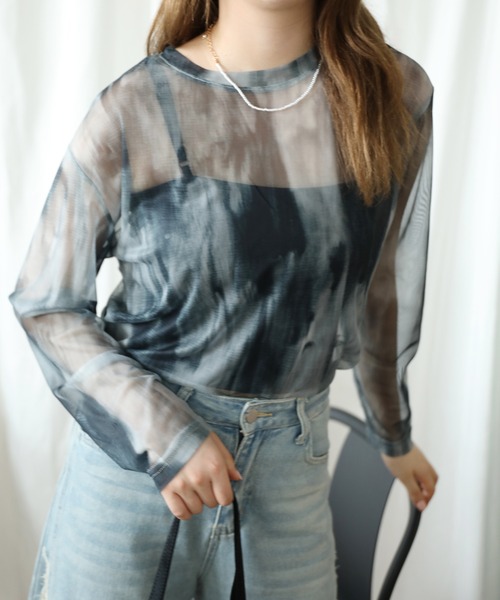 HOOK(フック)の「【HOOK】for girls 抽象総柄プリントメッシュモックネック長袖トップス (SS)(Tシャツ/カットソー・レディース・ベージュ/ネイビー・FREE)」の13枚目の写真