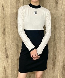 《配色切替×ロゴ刺しゅう》レディース テレコ ワンピース 体型カバー ショート丈 秋冬
