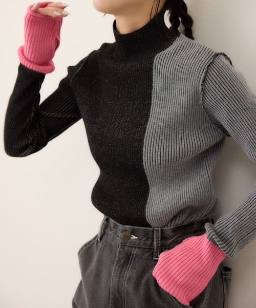 RODEO CROWNS WIDE BOWL(ロデオクラウンズワイドボウル)の「ブロックカラーハイネックニットトップス(ニット/セーター・レディース・ブラック/ブラウン/ブルー・FREE)」の2枚目の写真