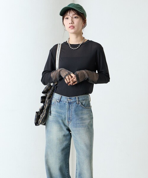 FREAK'S STORE（フリークスストア）の「限定展開　パワーメッシュ 袖口 シアー ラメ 切り替え トップス（Tシャツ/カットソー・レディース・ネイビー/チャコールグレー/ナチュラル/ベージュ/ブラック/オフホワイト/サックスブルー・ﾌﾘ-）」の10枚目の写真