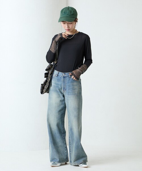 FREAK'S STORE（フリークスストア）の「限定展開　パワーメッシュ 袖口 シアー ラメ 切り替え トップス（Tシャツ/カットソー・レディース・ネイビー/チャコールグレー/ナチュラル/ベージュ/ブラック/オフホワイト/サックスブルー・ﾌﾘ-）」の11枚目の写真