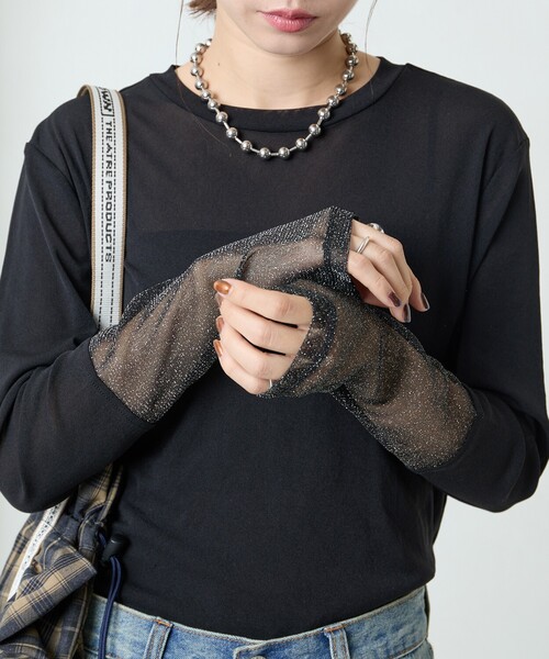FREAK'S STORE（フリークスストア）の「限定展開　パワーメッシュ 袖口 シアー ラメ 切り替え トップス（Tシャツ/カットソー・レディース・ネイビー/チャコールグレー/ナチュラル/ベージュ/ブラック/オフホワイト/サックスブルー・ﾌﾘ-）」の15枚目の写真