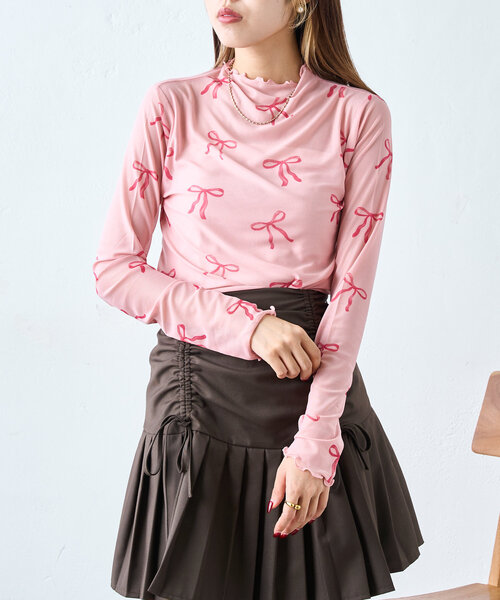 w closet（ダブルクローゼット）の「リボンメロウシアーカットソー（Tシャツ/カットソー・レディース・ピンク/オフホワイト・FREE）」の2枚目の写真