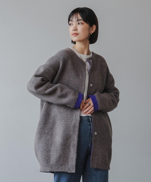 Bou Jeloud（ブージュルード）の「ブークレダブルフェイスニットコーディガン（カーディガン/ボレロ・レディース・ベージュ/チャコールグレー・FREE）」の3枚目の写真