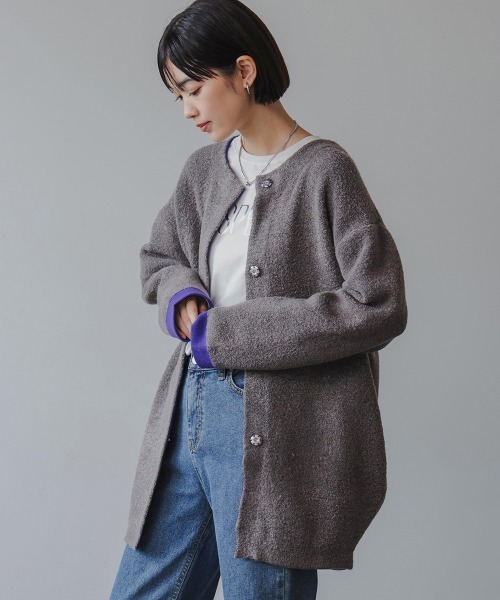 Bou Jeloud（ブージュルード）の「ブークレダブルフェイスニットコーディガン（カーディガン/ボレロ・レディース・ベージュ/チャコールグレー・FREE）」の5枚目の写真