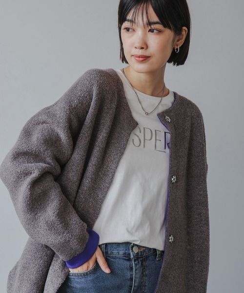 Bou Jeloud（ブージュルード）の「ブークレダブルフェイスニットコーディガン（カーディガン/ボレロ・レディース・ベージュ/チャコールグレー・FREE）」の9枚目の写真