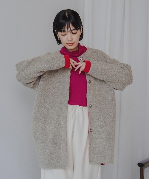 Bou Jeloud（ブージュルード）の「ブークレダブルフェイスニットコーディガン（カーディガン/ボレロ・レディース・ベージュ/チャコールグレー・FREE）」の18枚目の写真