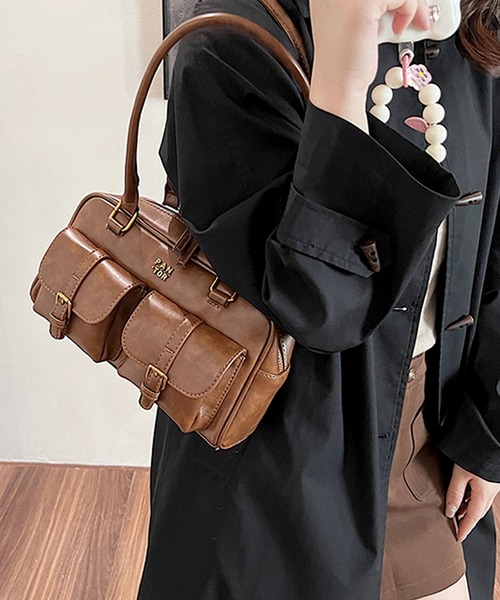 韓国デザイン レザーハンドバッグ オフィス ショルダー BAG florist｜【韓国ファッション】レザーライクダブルポケット