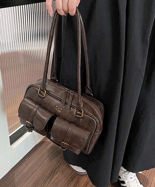 セール】【韓国ファッション】レザーライクダブルポケットハンドバッグ