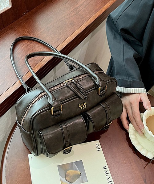 セール】【韓国ファッション】レザーライクダブルポケットハンドバッグ