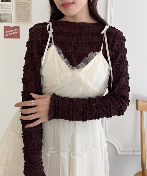 Loueme（ルエム）の「【5色展開】ホイップレースフリルトップス（Tシャツ/カットソー・レディース・ブラック/アイボリー/ブラウン/ピンク/ホワイト・FREE）」の14枚目の写真