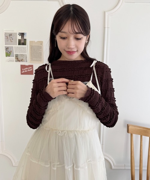Loueme（ルエム）の「【5色展開】ホイップレースフリルトップス（Tシャツ/カットソー・レディース・ブラック/アイボリー/ブラウン/ピンク/ホワイト・FREE）」の17枚目の写真