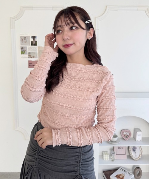 Loueme（ルエム）の「【5色展開】ホイップレースフリルトップス（Tシャツ/カットソー・レディース・ブラック/アイボリー/ブラウン/ピンク/ホワイト・FREE）」の10枚目の写真
