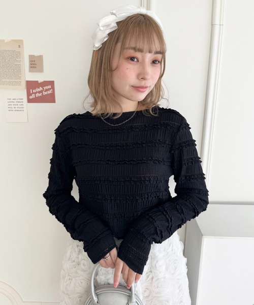 Loueme（ルエム）の「【5色展開】ホイップレースフリルトップス（Tシャツ/カットソー・レディース・ブラック/アイボリー/ブラウン/ピンク/ホワイト・FREE）」の22枚目の写真