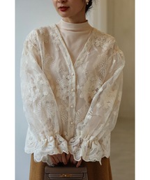 刺繍ベールカーディガンとリブカットソートップス2点セット【set】