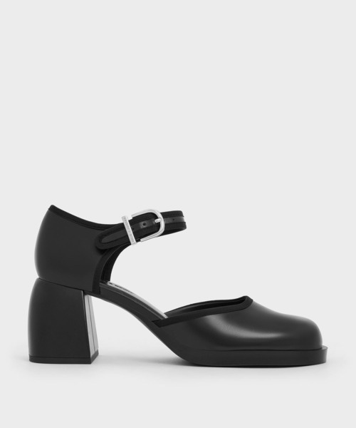CHARLES & KEITH(チャールズ & キース)の「ブロックヒール アンクルストラップドルセイパンプス(パンプス・レディース・ブラック/ホワイト・24.5cm/23.5cm/23cm/22.5cm/25.5cm/25cm)」の1枚目の写真
