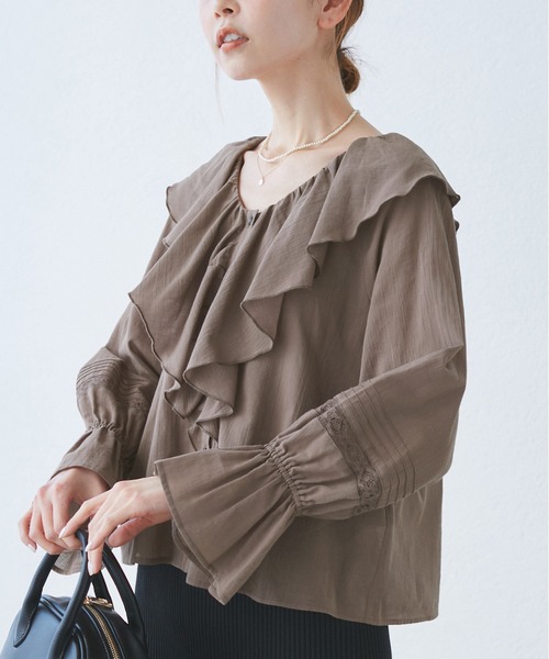 ROPE' PICNIC（ロペピクニック）の「【接触冷感・通気性】お着軽シャツシリーズ/綿ボイルフリルブラウス（シャツ/ブラウス・レディース・ブラック/ブラウン/オフホワイト/サックスブルー/イエロー・38）」の7枚目の写真