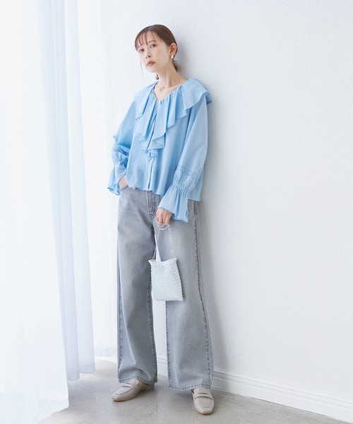 ROPE' PICNIC（ロペピクニック）の「【接触冷感・通気性】お着軽シャツシリーズ/綿ボイルフリルブラウス（シャツ/ブラウス・レディース・ブラック/ブラウン/オフホワイト/サックスブルー/イエロー・38）」の6枚目の写真