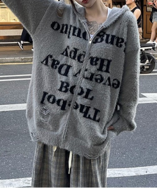 NO WAY(ノーウェイ)の「ダメージ加工ニットロゴジップルーズパーカー/グランジ Y2K(MA/EK92)(パーカー・メンズ・グレー/ブラック・FREE)」の13枚目の写真
