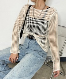 透かし編みショート丈ニットトップス