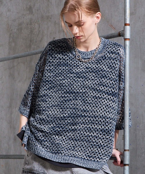 SERACE（セラス）の「【SERACE】Loose silhouette sheer mesh short sleeve knit / ルーズシルエットシアーメッシュ半袖ニット（Tシャツ/カットソー・メンズ・ブラック/ブラック×グレー/ホワイト/ブラック×ホワイト/グレー/ブラック系/ブルー系・S/M/L）」の7枚目の写真