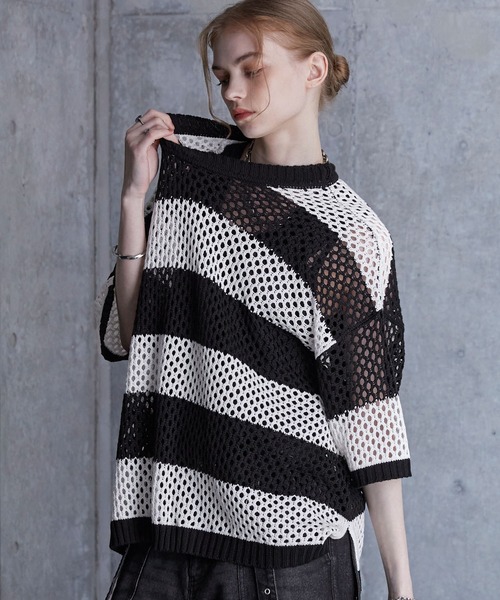 SERACE ルーズシルエットシアーメッシュ半袖ニット ブラック グレー L セール】【SERACE】Loose silhouette sheer mesh short sleeve