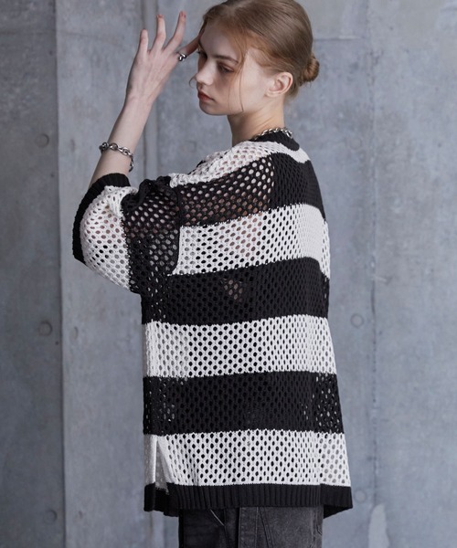 SERACE】Loose silhouette sheer mesh short sleeve knit