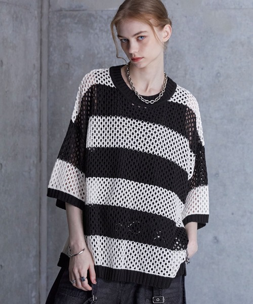 SERACE ルーズシルエットシアーメッシュ半袖ニット ブラック グレー L SERACE】Loose silhouette sheer mesh short sleeve knit