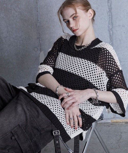 半袖ニット　春夏モデル　Black＆White SERACE】Loose silhouette sheer mesh short sleeve knit / ルーズ